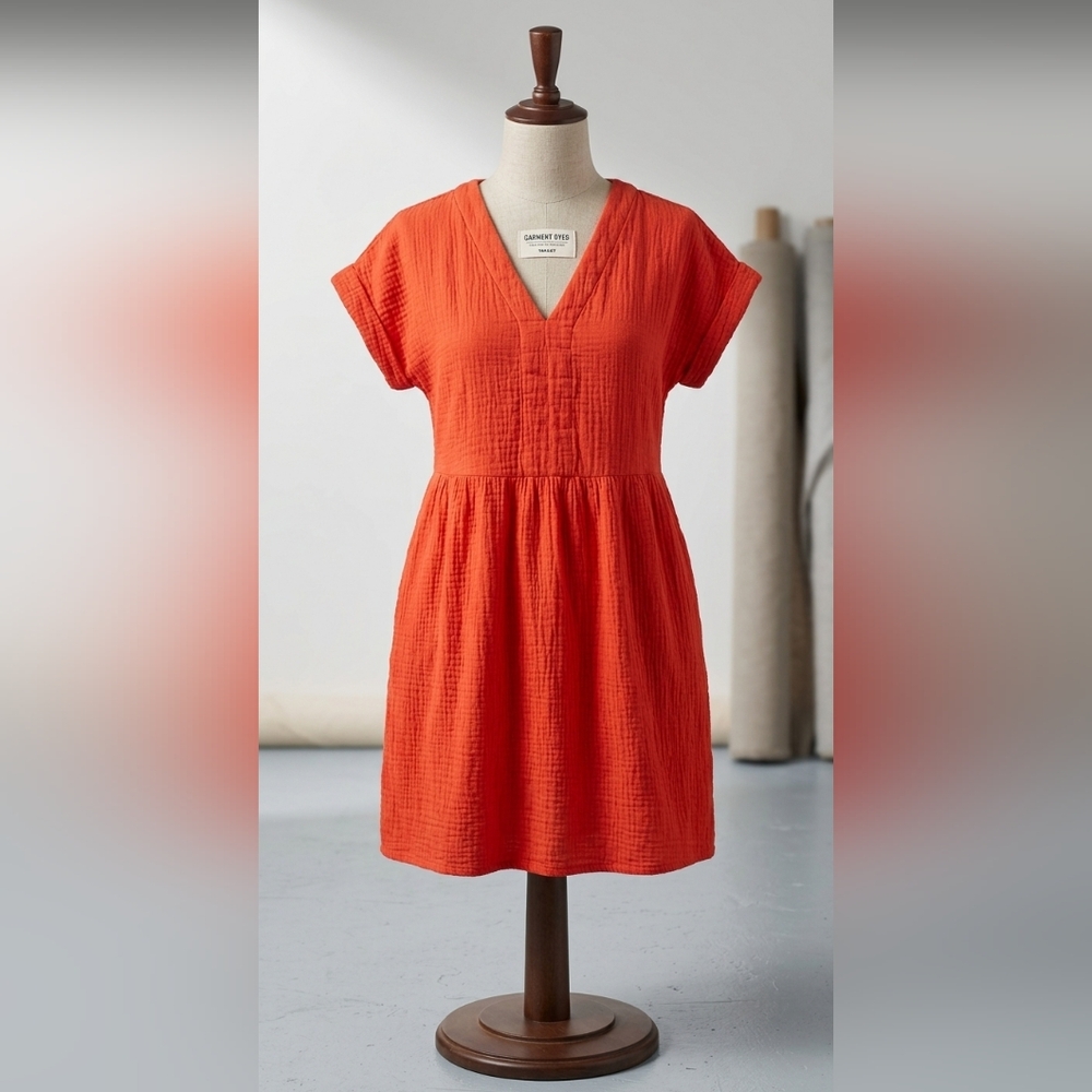 Universal Thread Orange Gauze V‑Neck Short Sleeve Dress